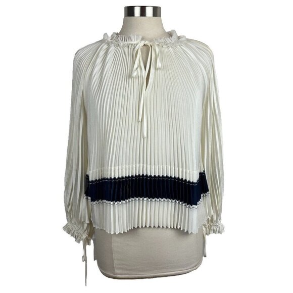 3.1 Phillip Lim Blouse L Womens Ivory Pleated Navy Stripe Tie Ruffle Classic - Picture 1 of 11